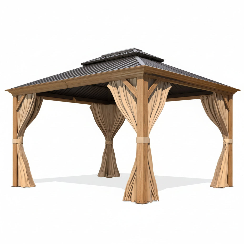 10'X12' Gazebo, Wood Grain Aluminum Frame Canopy with Double Galvanized Steel Hardtop Roof, Outdoor Permanent Metal Pavilion with Curtains and Nettings for Patio, Backyard and Deck