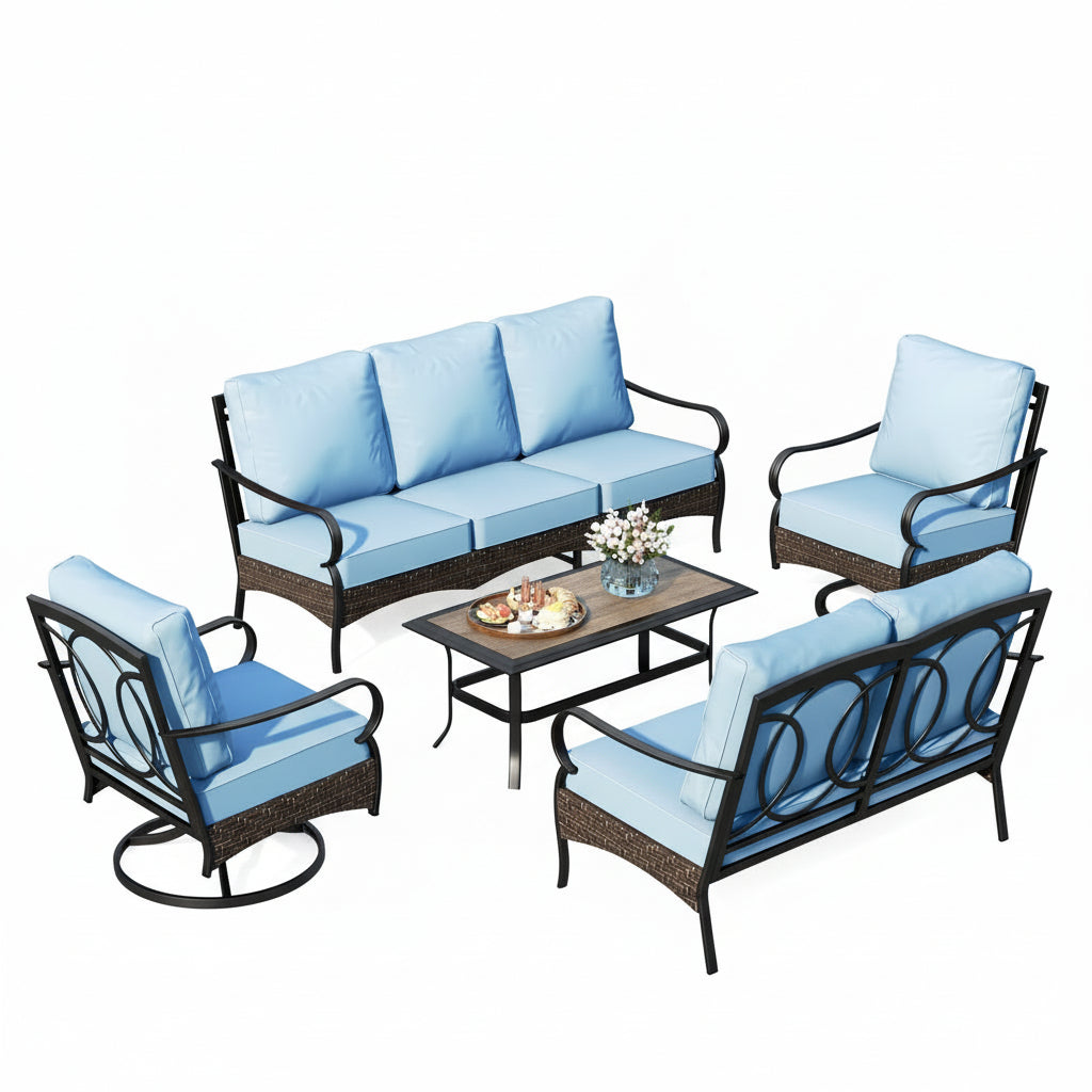 7-Seat Outdoor Patio Furniture Set, Outdoor Patio Conversation Set with Swivel Chairs for 7 People, Wood-Look Coffee Table, Blue