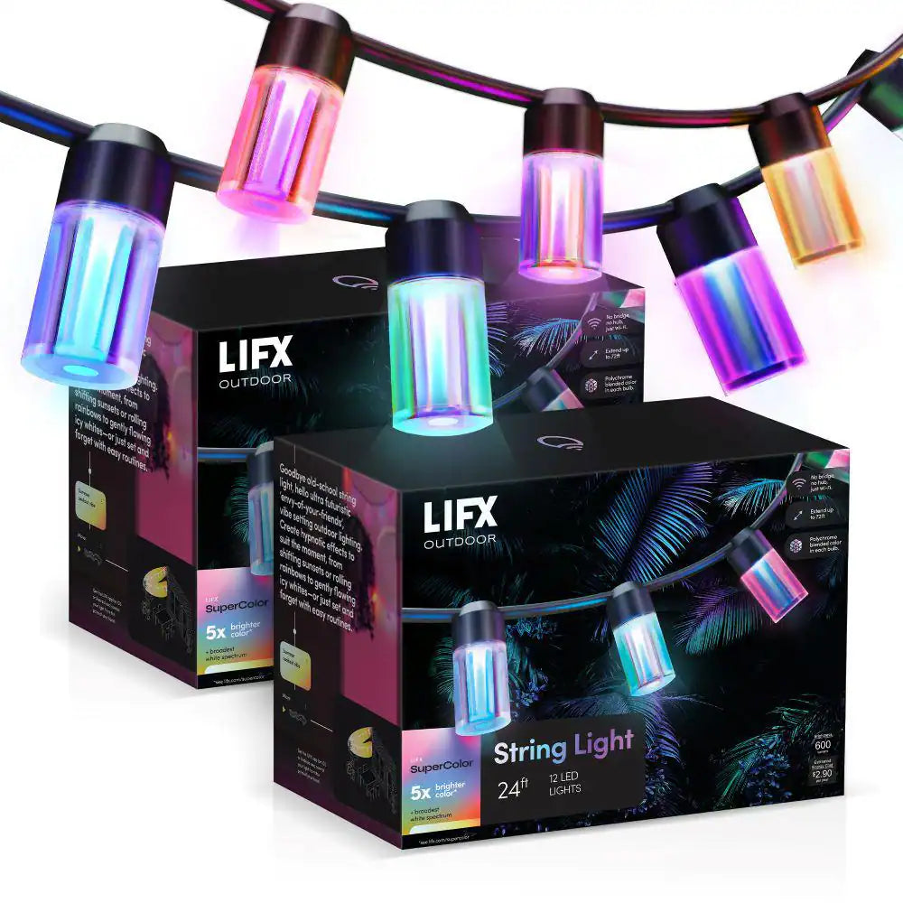 12-Light 24 Ft. Outdoor Plug-In RGB Integrated LED Smart Wi-Fi Edison String-Light, Works Alexa/Hey Google/Siri (2-Pack)