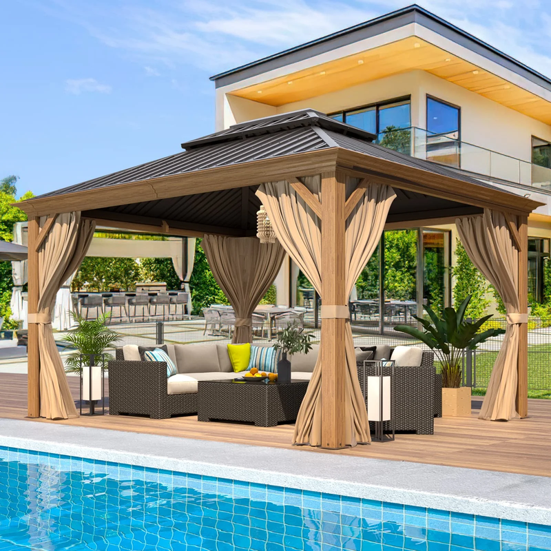 10'X12' Gazebo, Wood Grain Aluminum Frame Canopy with Double Galvanized Steel Hardtop Roof, Outdoor Metal with Curtains and Nettings