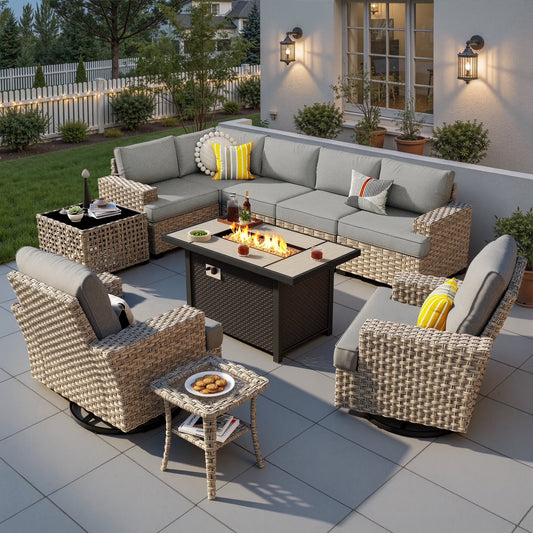 10 Pieces Outdoor Patio Furniture Set with Fire Pit All-Weather Wicker Sectional with Swivel Chairs, Dark Gray
