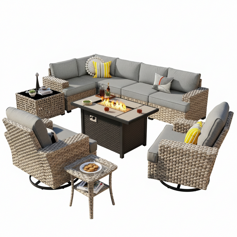 10 Pieces Outdoor Patio Furniture Set with Fire Pit All-Weather Wicker Sectional with Swivel Chairs, Dark Gray