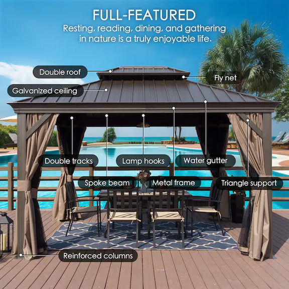 12-Ft X 20 Alexander Dark Brown Gazebo with Hardtop Roof (Screen Included)