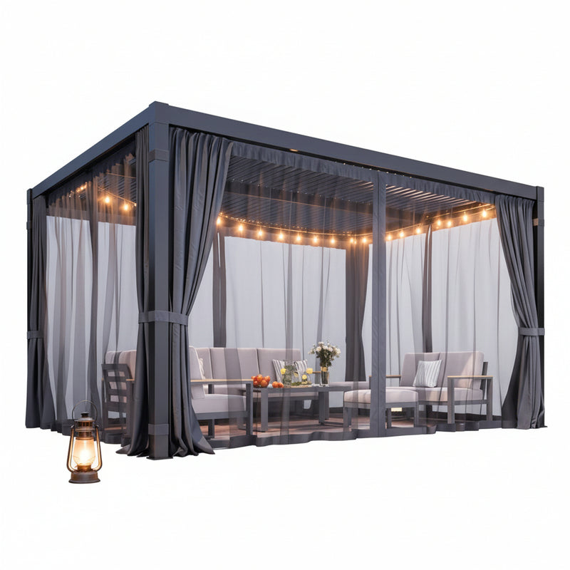 All Weather Pergola with Curtains & Netting, Dark Gray