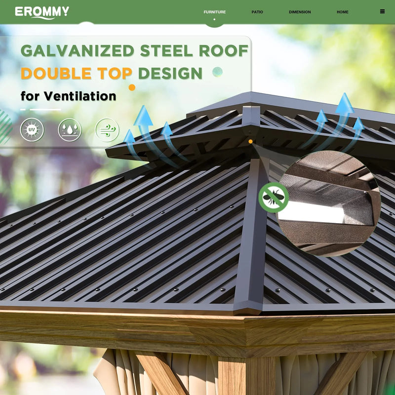 10'X12' Gazebo, Wood Grain Aluminum Frame Canopy with Double Galvanized Steel Hardtop Roof, Outdoor Permanent Metal Pavilion with Curtains and Nettings for Patio, Backyard and Deck