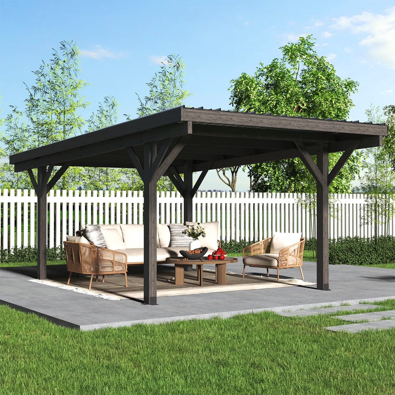 17X12Ft Wooden Carport Garage Outdoor Gazebo Wooden Pergola for Backyard, Coffee