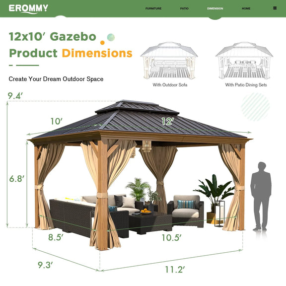 10'X12' Gazebo, Wood Grain Aluminum Frame Canopy with Double Galvanized Steel Hardtop Roof, Outdoor Permanent Metal Pavilion with Curtains and Nettings for Patio, Backyard and Deck