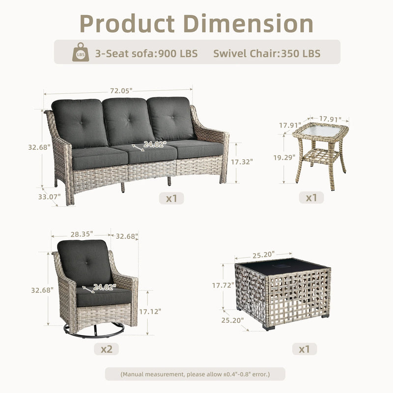 5 Pieces Outdoor Patio Furniture Set High-Back Rattan Wicker Conversation Set Outdoor Sectional with Swivel Chairs & Solar Light Coffee Table, Black