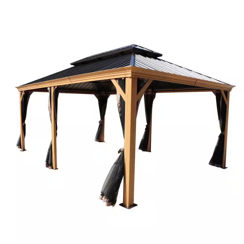 Apollo 12 Ft. X 18 Ft. Wood like Aluminum Hardtop Gazebo with Galvanized Steel Roof and Mosquito Net