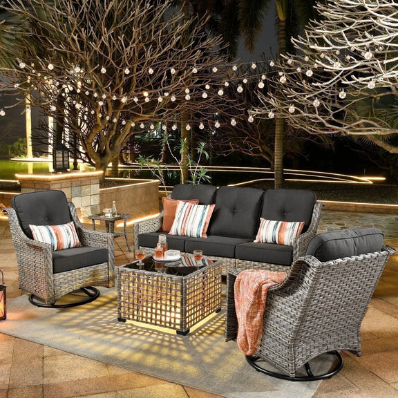 5 Pieces Outdoor Patio Furniture Set High-Back Rattan Wicker Conversation Set Outdoor Sectional with Swivel Chairs & Solar Light Coffee Table, Black