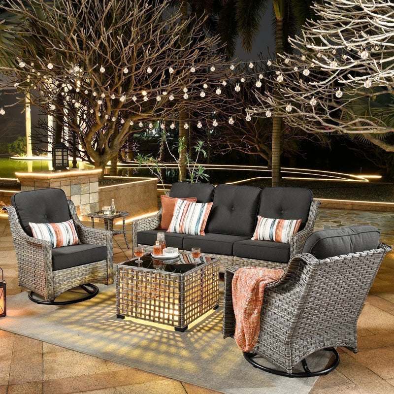 5 Pieces Outdoor Patio Furniture Set High-Back Rattan Wicker Conversation Set Outdoor Sectional with Swivel Chairs & Solar Light Coffee Table, Black