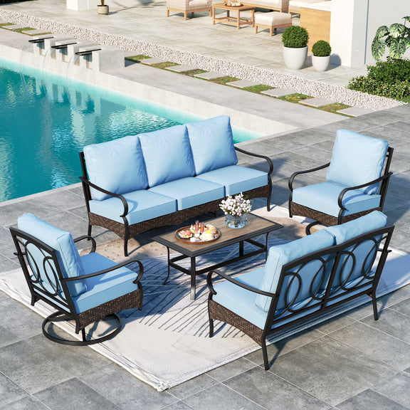 7-Seat Outdoor Patio Furniture Set, Outdoor Patio Conversation Set with Swivel Chairs for 7 People, Wood-Look Coffee Table, Blue