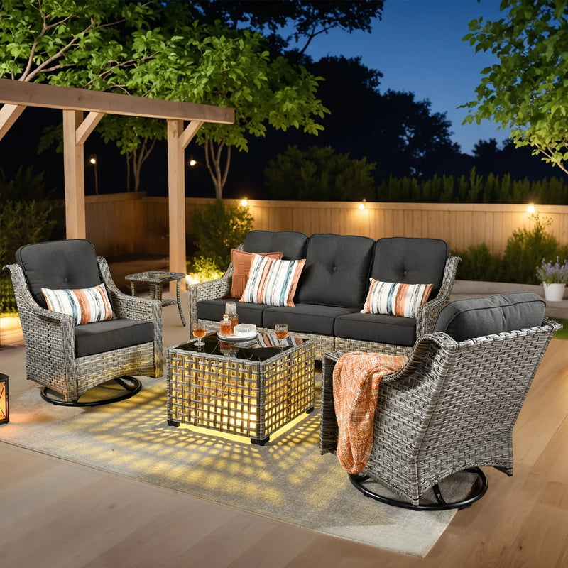 5 Pieces Outdoor Patio Furniture Set High-Back Rattan Wicker Conversation Set Outdoor Sectional with Swivel Chairs & Solar Light Coffee Table, Black