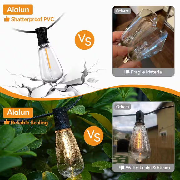50 Lights 100 Ft. Outdoor Edison Plug-In LED String Light, 2700K Dimmable, 52-Shatterproof Vintage Bulb, Waterproof