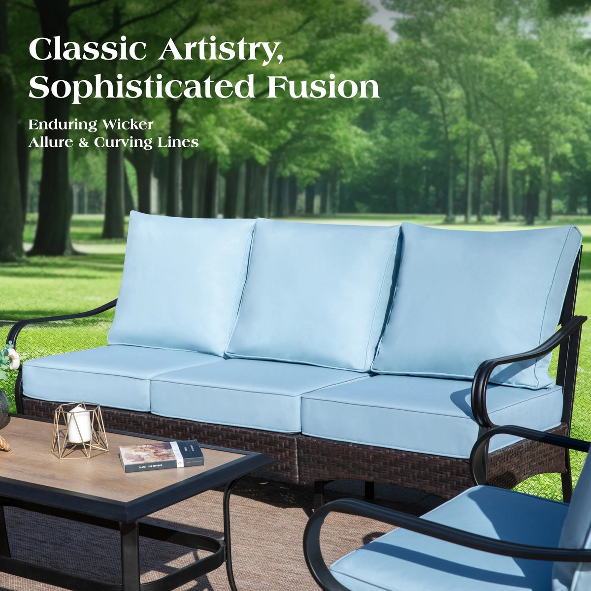 7-Seat Outdoor Patio Furniture Set, Outdoor Patio Conversation Set with Swivel Chairs for 7 People, Wood-Look Coffee Table, Blue