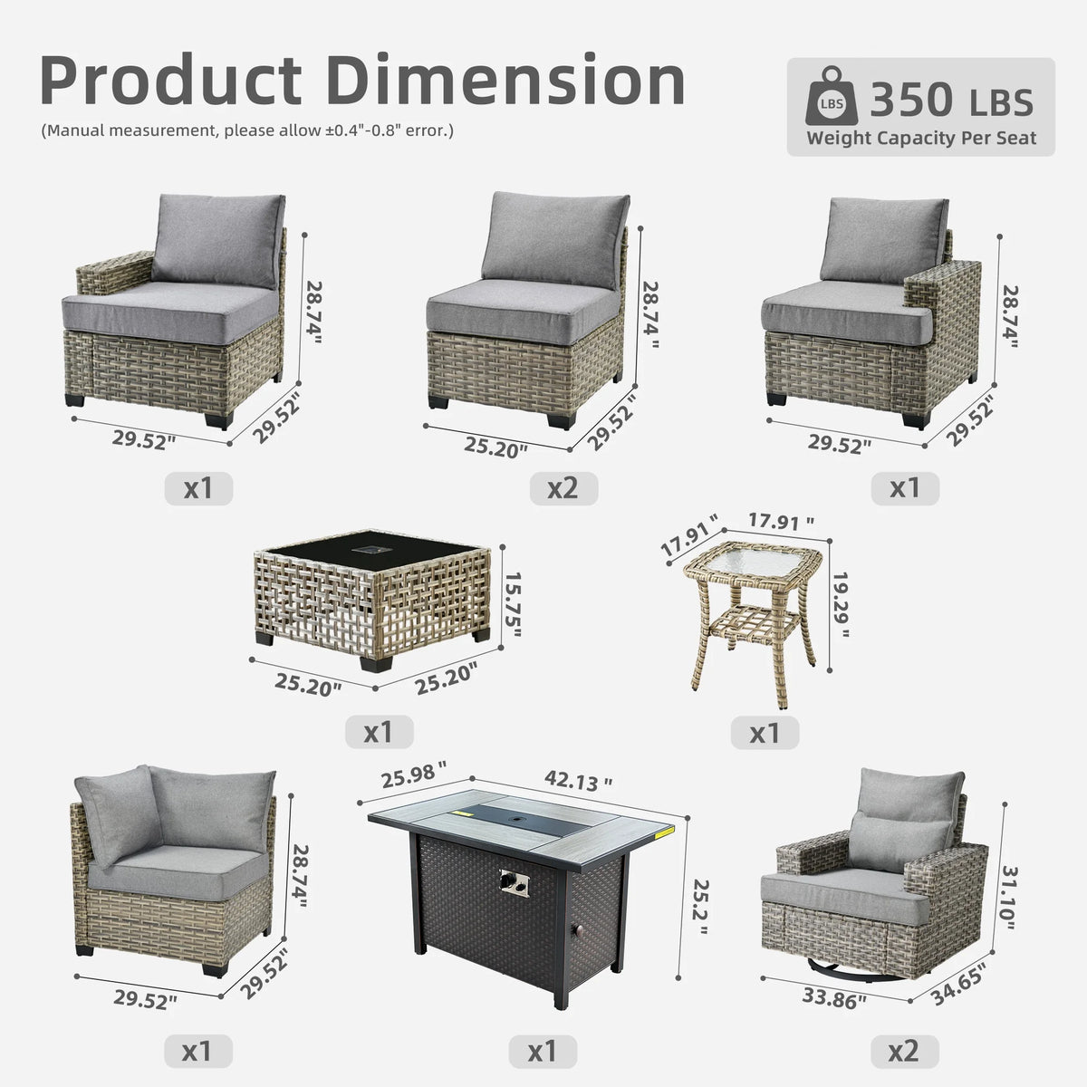 10 Pieces Outdoor Patio Furniture Set with Fire Pit All-Weather Wicker Sectional with Swivel Chairs, Dark Gray