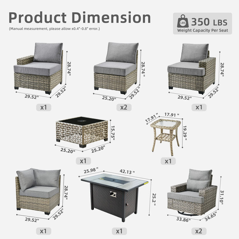 10 Pieces Outdoor Patio Furniture Set with Fire Pit All-Weather Wicker Sectional with Swivel Chairs, Dark Gray