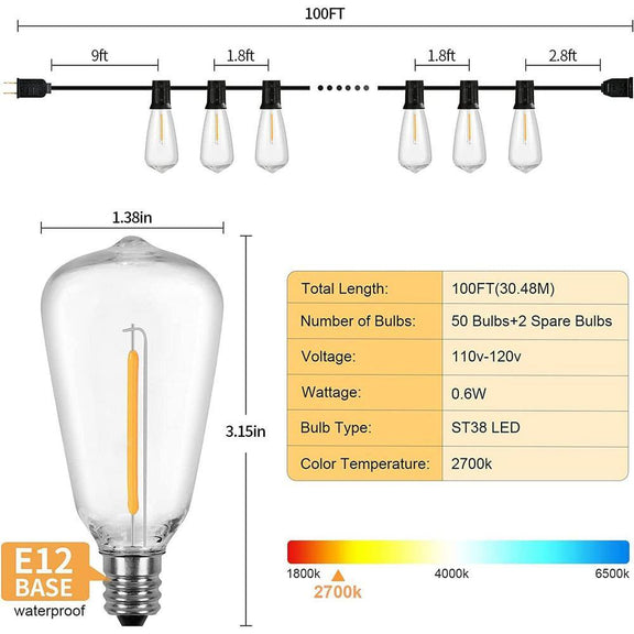 50 Lights 100 Ft. Outdoor Edison Plug-In LED String Light, 2700K Dimmable, 52-Shatterproof Vintage Bulb, Waterproof