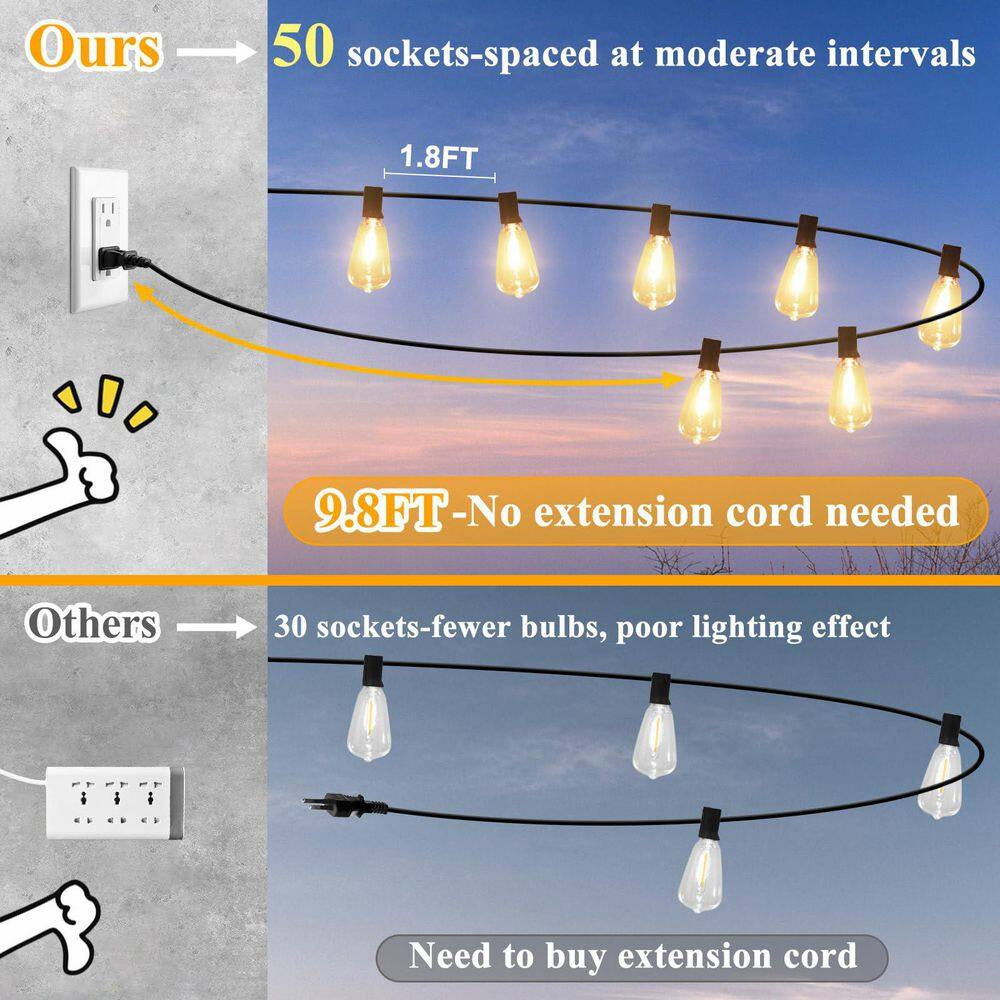 100 Ft. Outdoor String Lights with 52 Shatterproof Edison Bulbs, Dimmable Vintage LED Patio Lights