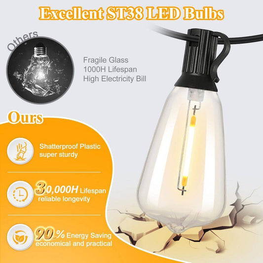 100 Ft. Outdoor String Lights with 52 Shatterproof Edison Bulbs, Dimmable Vintage LED Patio Lights