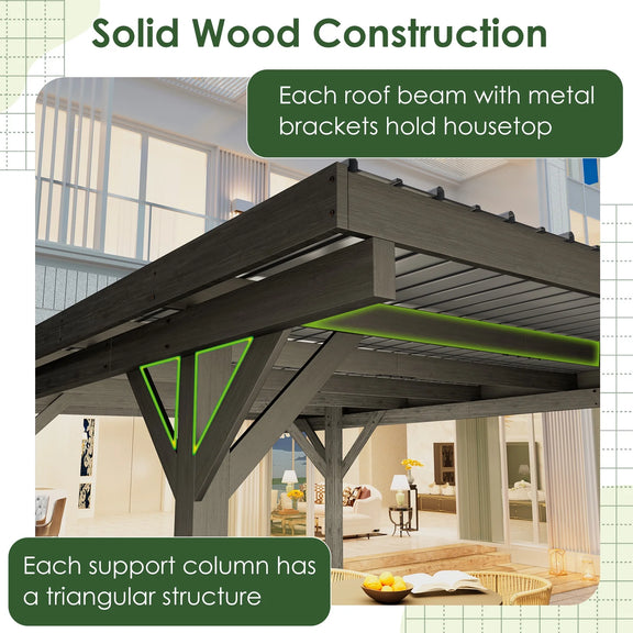 17X12Ft Wooden Carport Garage Outdoor Gazebo Wooden Pergola for Backyard, Coffee
