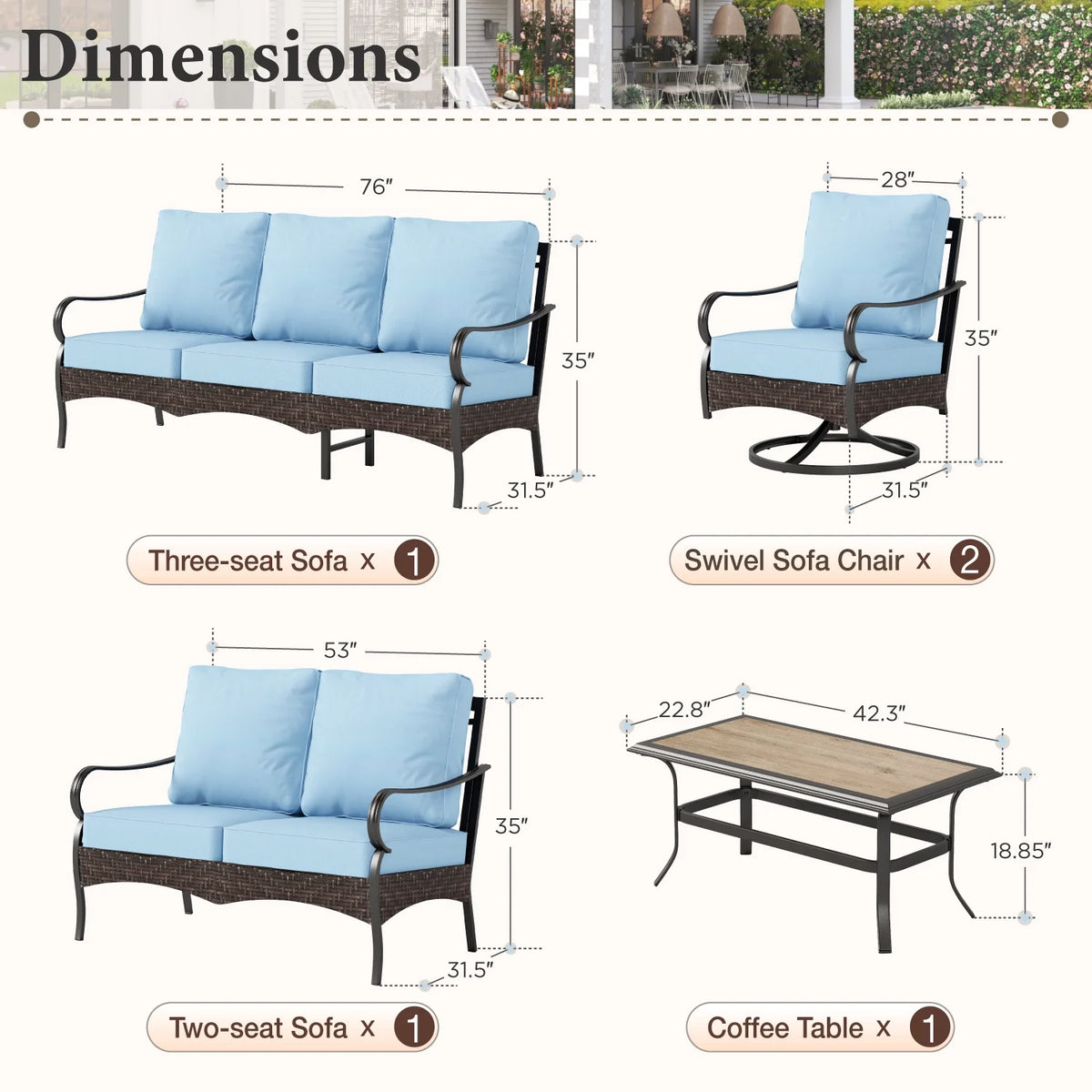 7-Seat Outdoor Patio Furniture Set, Outdoor Patio Conversation Set with Swivel Chairs for 7 People, Wood-Look Coffee Table, Blue