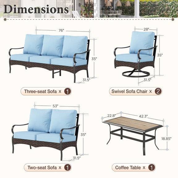 7-Seat Outdoor Patio Furniture Set, Outdoor Patio Conversation Set with Swivel Chairs for 7 People, Wood-Look Coffee Table, Blue