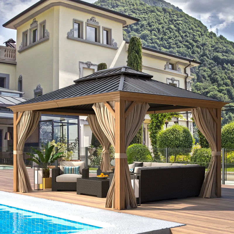 10'X12' Gazebo, Wood Grain Aluminum Frame Canopy with Double Galvanized Steel Hardtop Roof, Outdoor Permanent Metal Pavilion with Curtains and Nettings for Patio, Backyard and Deck