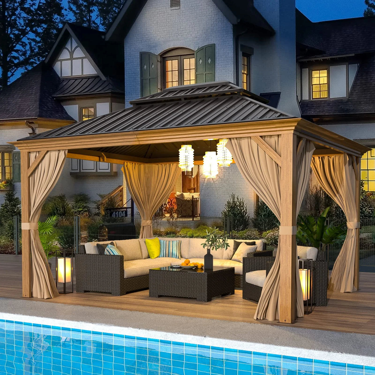 10'X12' Gazebo, Wood Grain Aluminum Frame Canopy with Double Galvanized Steel Hardtop Roof, Outdoor Permanent Metal Pavilion with Curtains and Nettings for Patio, Backyard and Deck