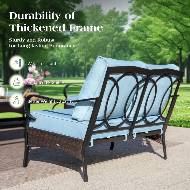 7-Seat Outdoor Patio Furniture Set, Outdoor Patio Conversation Set with Swivel Chairs for 7 People, Wood-Look Coffee Table, Blue