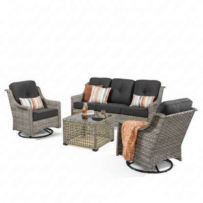 5 Pieces Outdoor Patio Furniture Set High-Back Rattan Wicker Conversation Set Outdoor Sectional with Swivel Chairs & Solar Light Coffee Table, Black