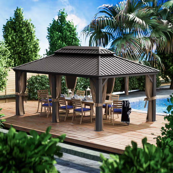 12-Ft X 20 Alexander Dark Brown Gazebo with Hardtop Roof (Screen Included)