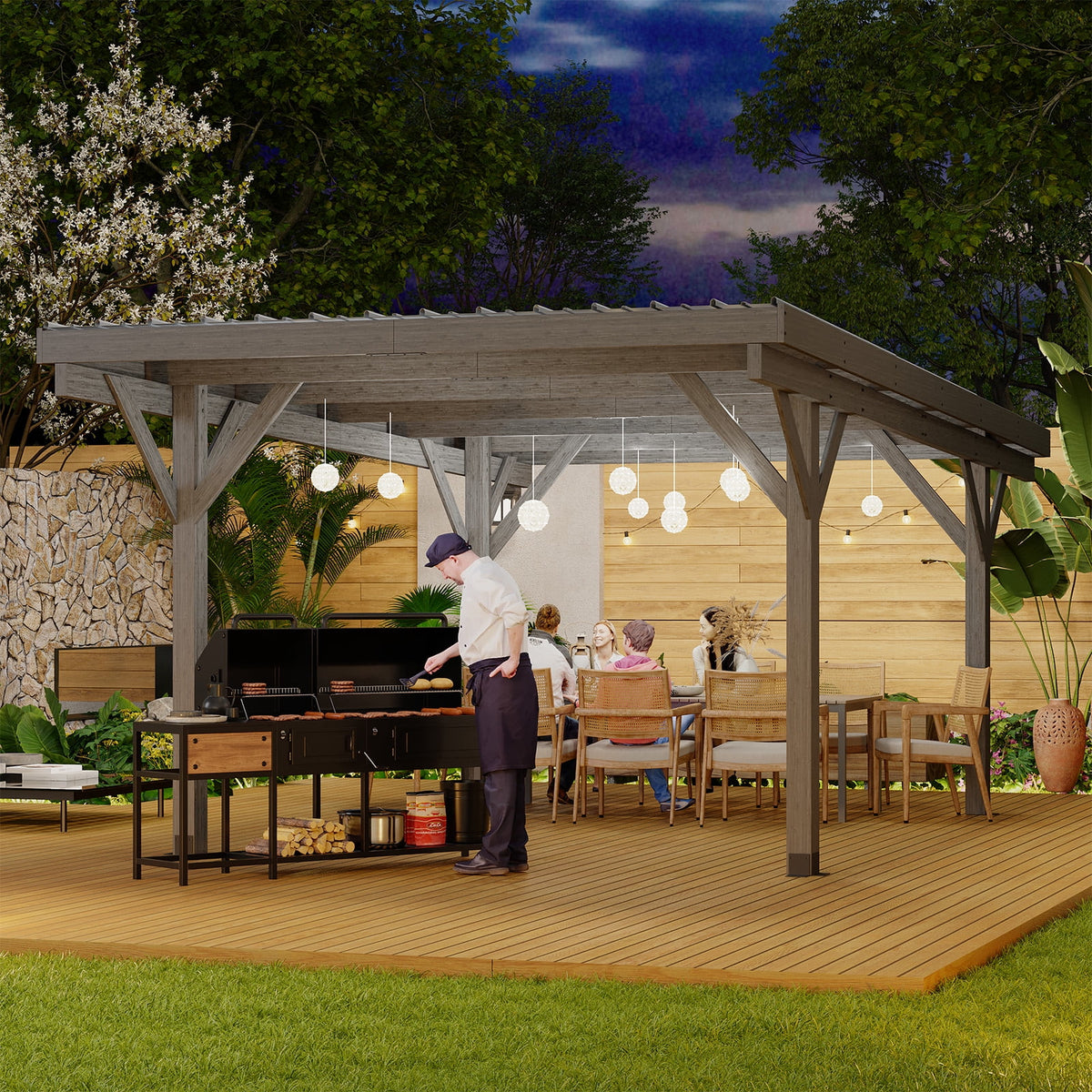 17X12Ft Wooden Carport Garage Outdoor Gazebo Wooden Pergola for Backyard, Coffee
